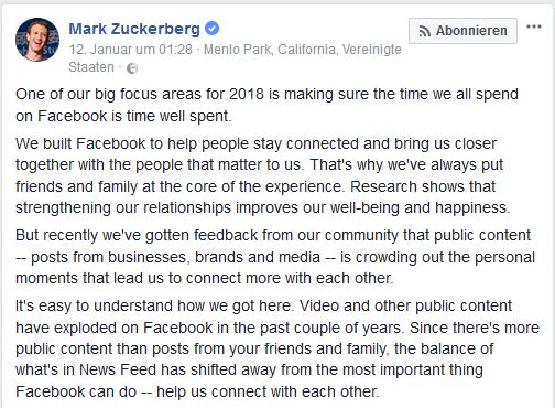 Screenshot des Statements von Mark Zuckerberg zur neuen Facebook Strategie